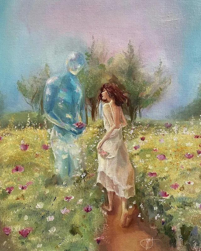 a painting of a woman and man walking through a field with flowers in the foreground