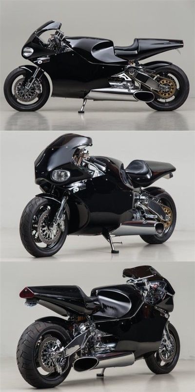 three different views of a black motorcycle