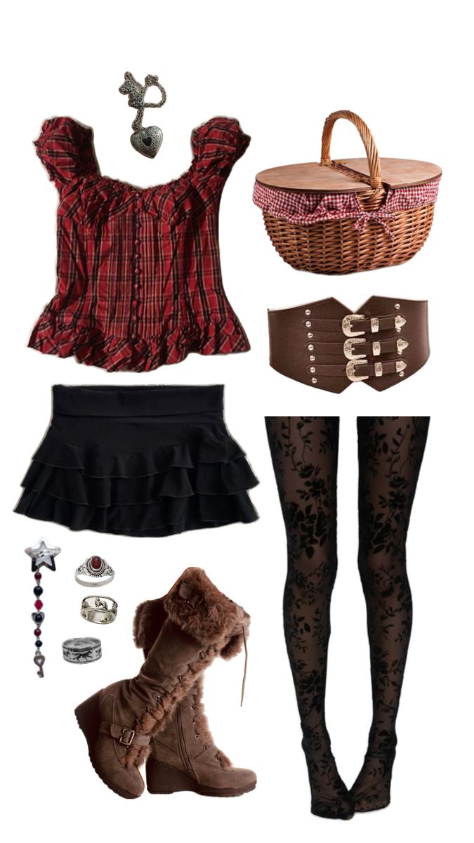 an assortment of clothing and accessories including boots