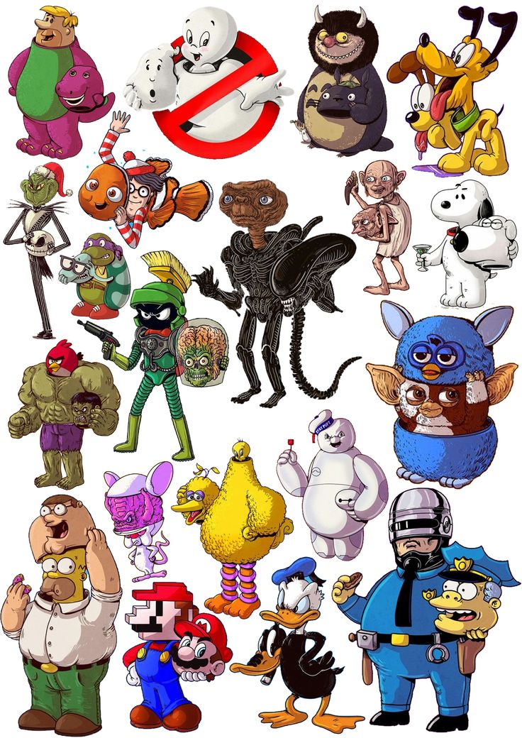 various cartoon characters are grouped together in this graphic art work, with different colors and sizes