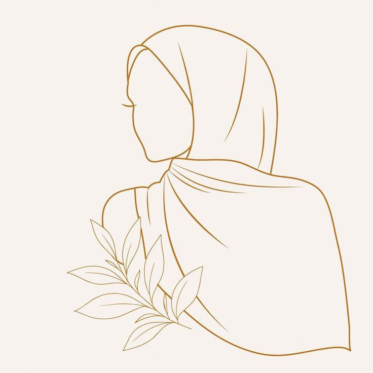 a line drawing of a woman with a veil on her head and leaves in front of her