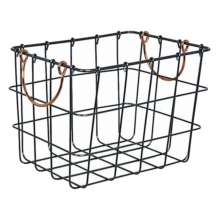 a black wire basket with two handles