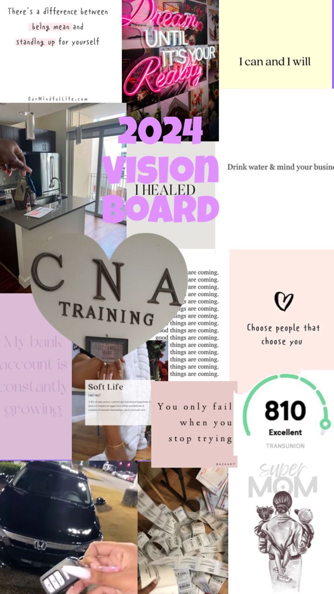 a collage of different types of business related items and text that reads vision board, ncna training, you only have one credit card