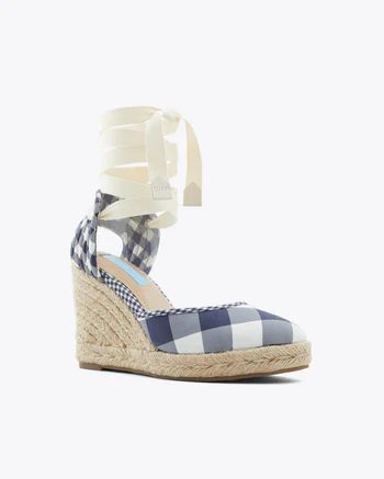 Olivia Espadrille Wedges in Navy Gingham �– Draper James Casual Summer Wedge Sandals With Reinforced Heel, Fabric Wedge Sandals With Woven Sole For Spring, Spring Fabric Wedge Sandals With Woven Sole, Casual Fabric Wedge Sandals With Woven Sole, Casual Fabric Wedge Sandals For Spring, Dress Up Jeans, Navy Gingham, How To Dress A Bed, Navy Gold