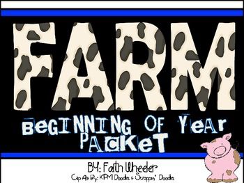 a black and white poster with the words farm beginning of year packet written in blue