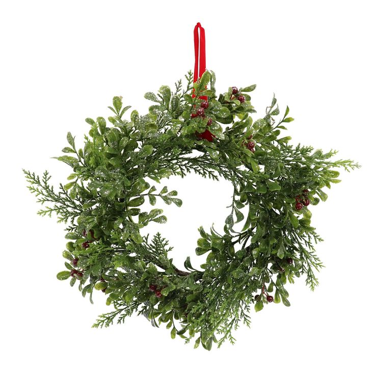 a christmas wreath hanging from a red ribbon