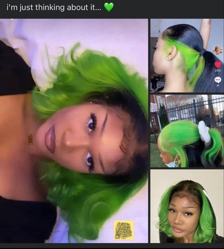 Green Hair Natural Hair, Blonde And Green Hair Black Women, Lime Green Skunk Stripe Hair, Green Dyed Hair Black Women, Money Piece Green, Green And Black Hair Black Women, Green Hair Peekaboo, Green Natural Hair Black Women, Ideas To Dye My Hair