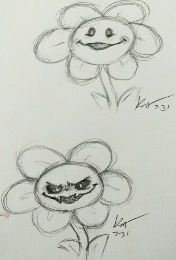 two drawings of flowers with faces drawn in pencil and on paper, one has a smiley face