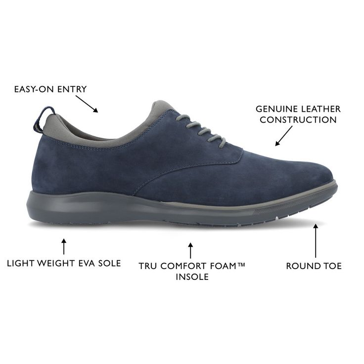 Find the perfect balance between casual and dressy with the Hyde derby by Thomas & Vine. This genuine leather style features a classic lace-up closure and a sporty ExtraLight� outsole for a modern touch. A cushioned collar and 6 mm Tru Comfort Foam� insole finish the design for all-day support. Casual Low-top Lace-up Shoes For Fall, Casual Wingtip Lace-up Shoes With Textured Sole, Casual Leather Slip-on Oxfords, Casual Slip-on Oxfords With Cushioned Footbed, Casual Suede Lace-up Shoes For Fall, Casual Oxfords With Cushioned Footbed And Round Toe, Casual Lace-up Shoes For Derby With Textured Sole, Casual Slip-on Synthetic Oxfords, Casual Synthetic Oxfords With Rubber Sole