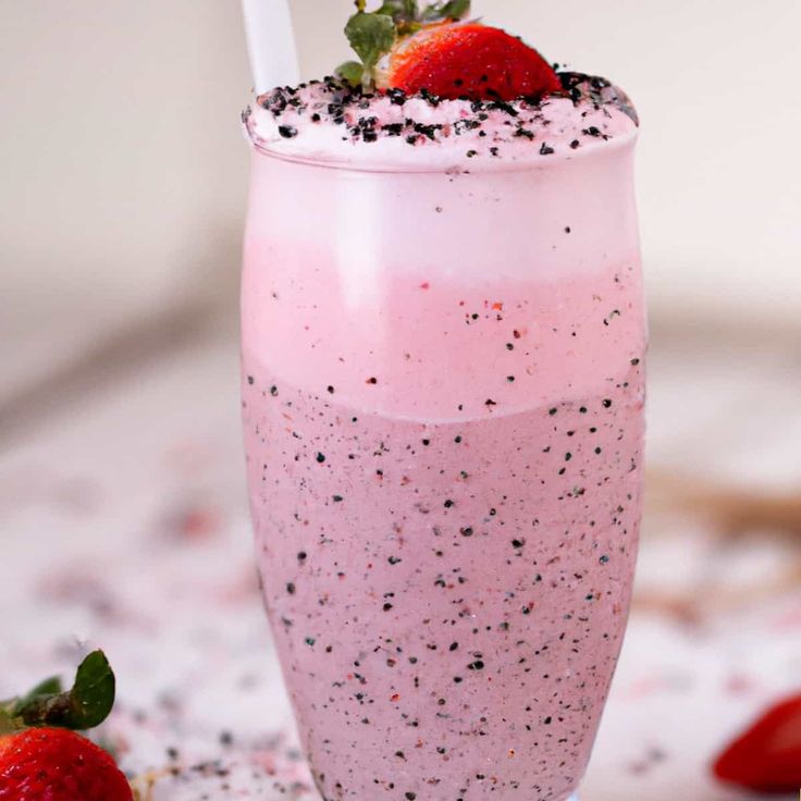 a strawberry milkshake with sprinkles and strawberries on the side