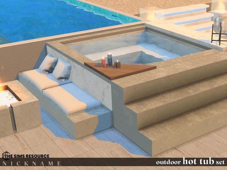 an outdoor hot tub next to a swimming pool with candles on the table and chairs around it