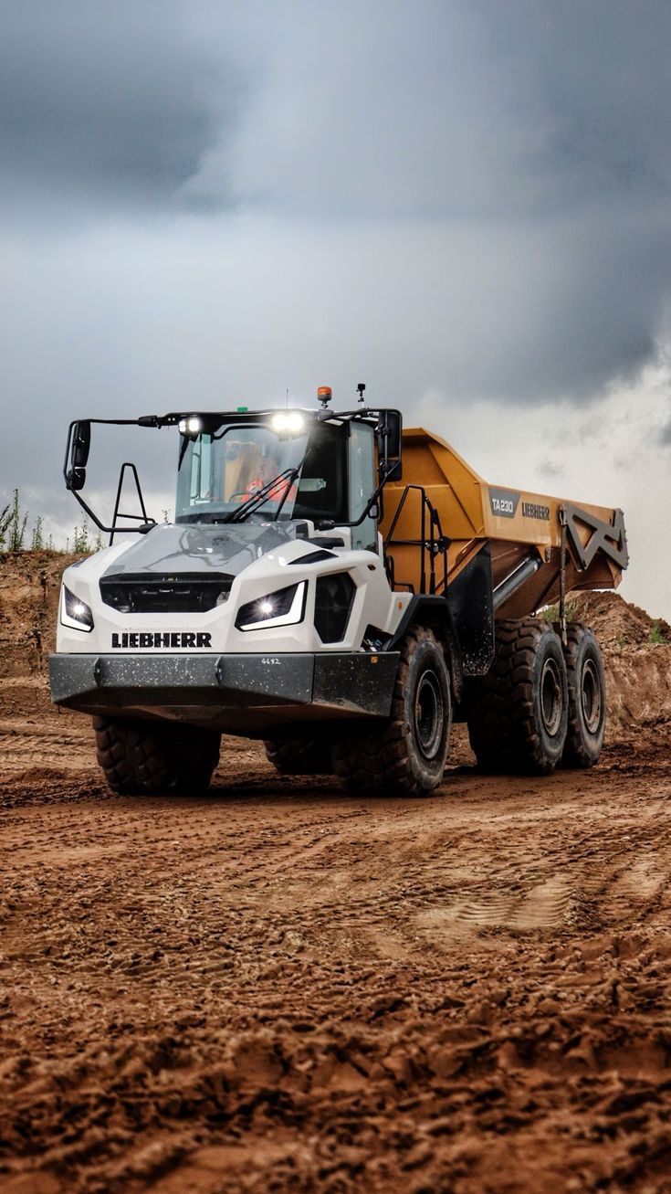 a dump truck driving down a dirt road in the middle of an open field under a cloudy sky