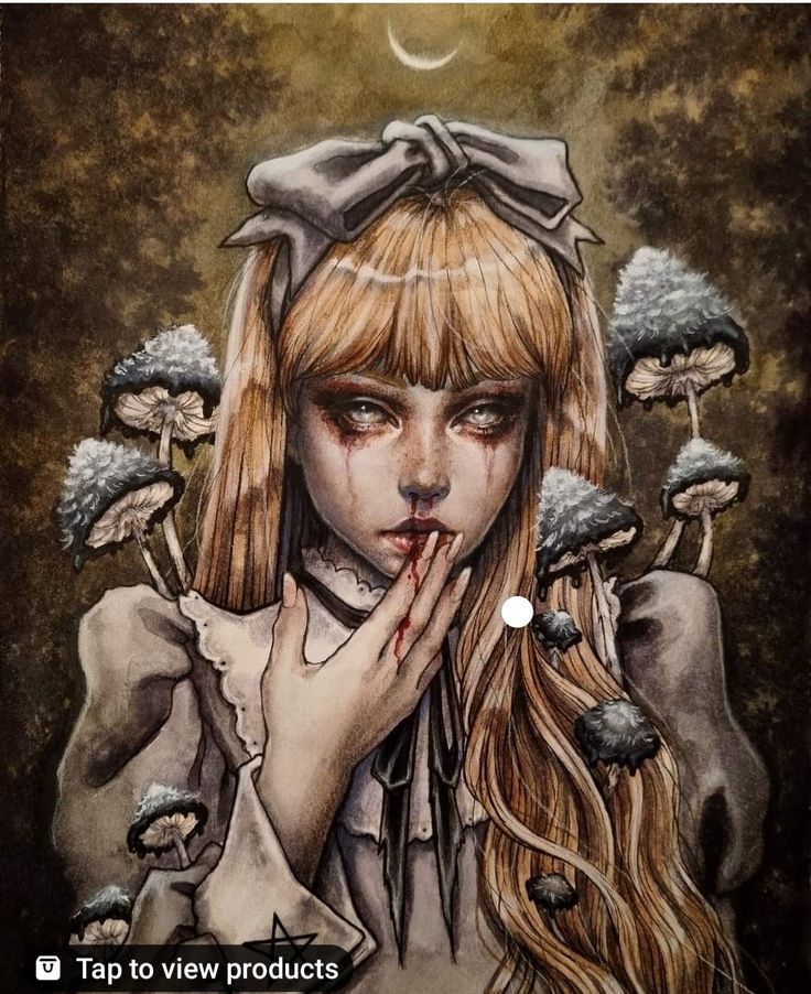 a painting of a girl holding her hands to her face with mushrooms all around her