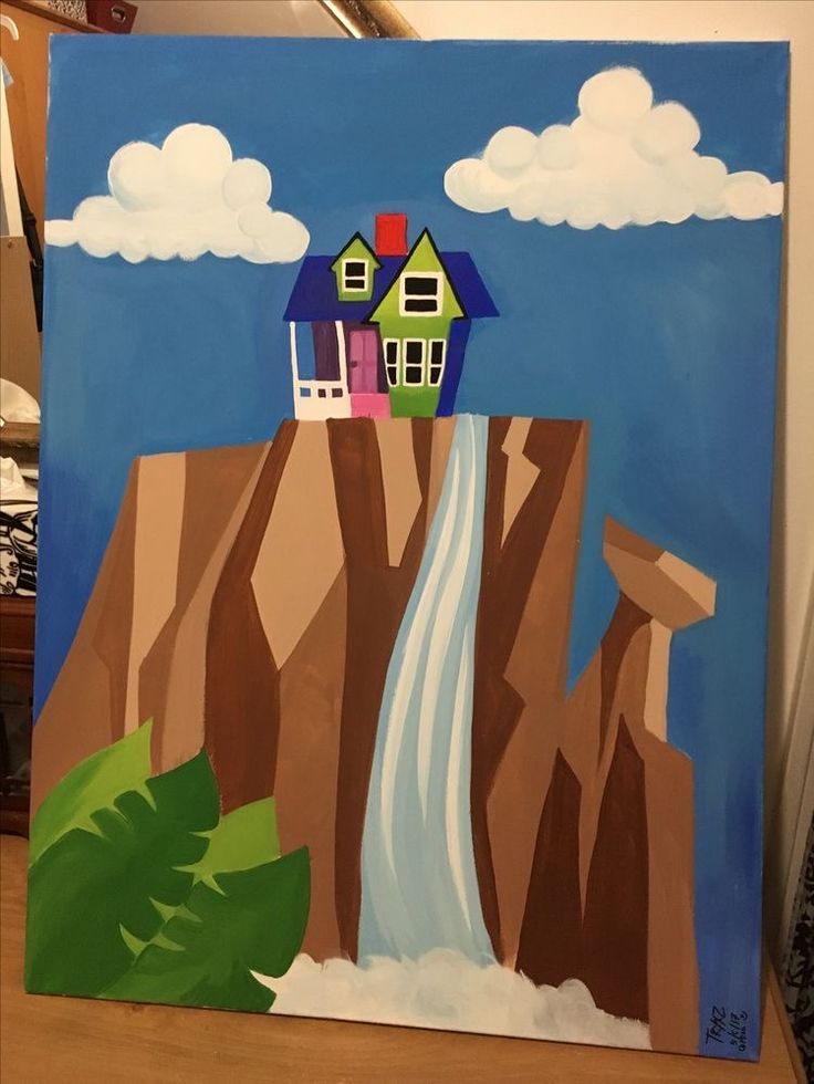 a painting of a house on top of a cliff with a waterfall coming out of it