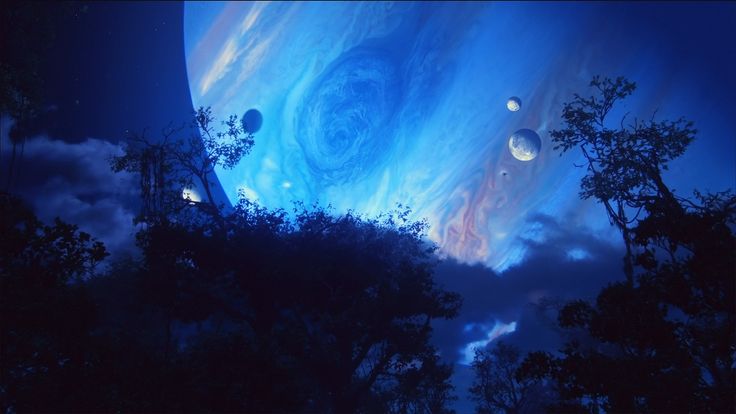 an artist's rendering of planets in the sky with trees and clouds around them