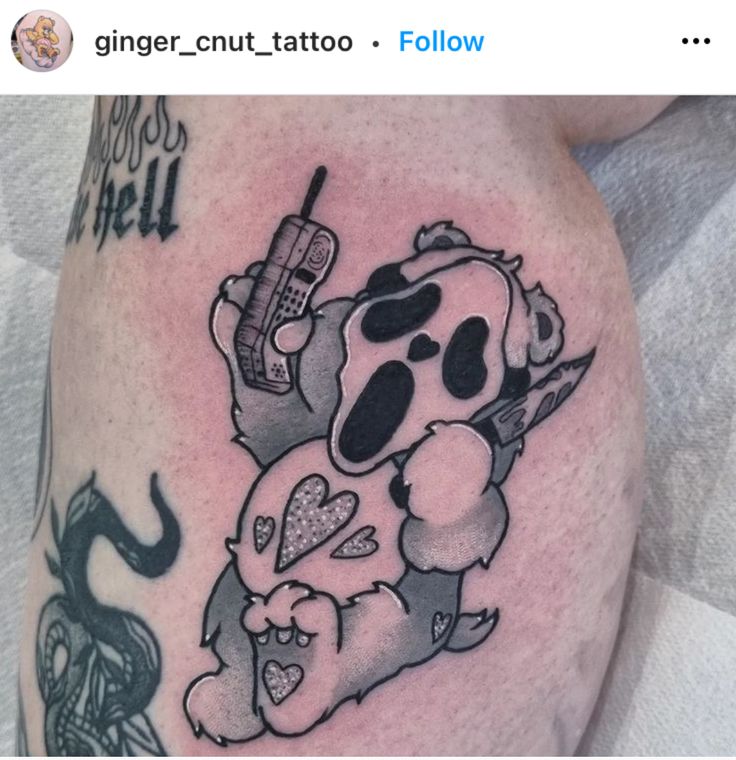 Scare Bear Tattoo, Creepy Color Tattoos, Evil Care Bear Tattoo, Kawaii Back Tattoo, Spooky Patchwork Sleeve, Halloween Tattoos Cute, Spooky Aesthetic Tattoo, Horror Best Friend Tattoos, Cute Scream Tattoo