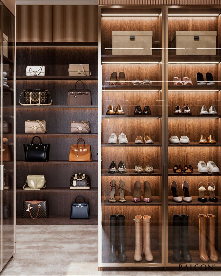 a walk in closet filled with lots of shoes and handbags