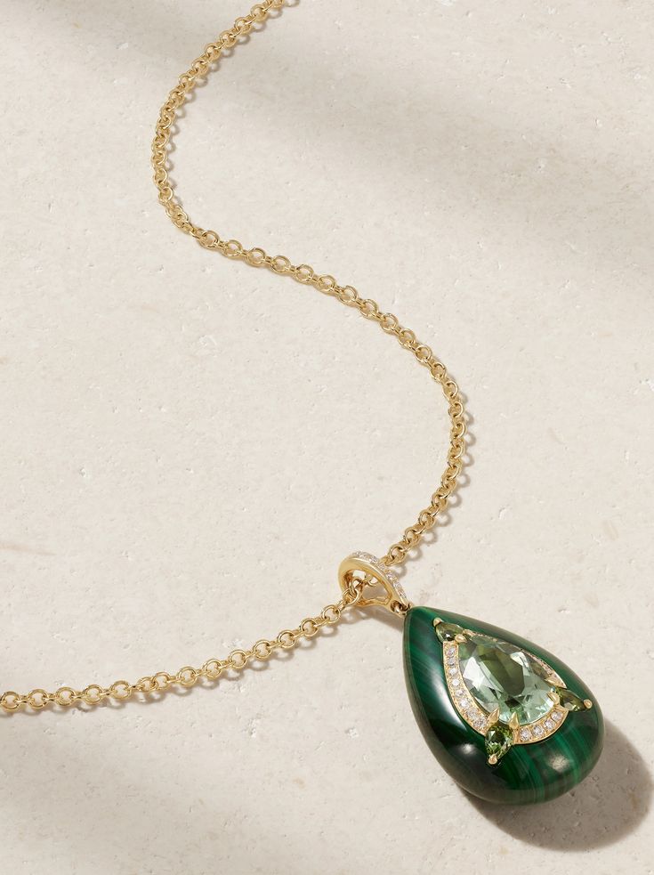 Boghossian's necklace is part of the 'Reveal' collection, which is inspired by the intricate details seen in Mughal-era art. Cast from 18-karat gold, it has a vibrant malachite pendant inlaid with tonal tourmalines and shimmering diamonds using an ancient technique of carving stones, so they sit seamlessly together. Adjust the slim chain to your preferred drop. Luxury Teardrop Gemstones, Luxury Green Diamond Necklace With Gemstone, Luxury Green Gemstone Diamond Necklace, Luxury Green Diamond Gemstone Necklace, Luxury Emerald Pendant Necklace For Formal Occasions, Luxury Emerald Gemstone Necklace For Formal Occasions, Luxury Teardrop Emerald Necklace With 17 Jewels, Exquisite Emerald Necklace, Luxury Emerald Diamond Necklace