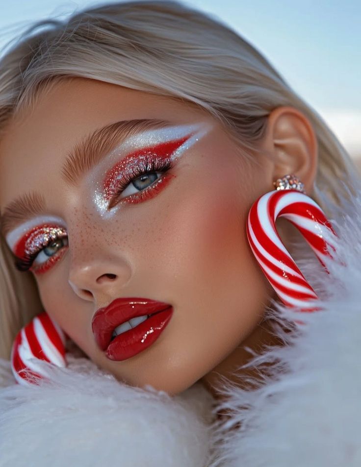 Christmas Makeup Looks Full Face, Christmas Fx Makeup Ideas, Candy Cane Makeup Ideas, Fun Christmas Makeup Looks, Red And White Makeup Looks, Christmas Clown Makeup, Alien Inspired Makeup, Christmas Eyeshadow Looks Easy, Goth Christmas Makeup