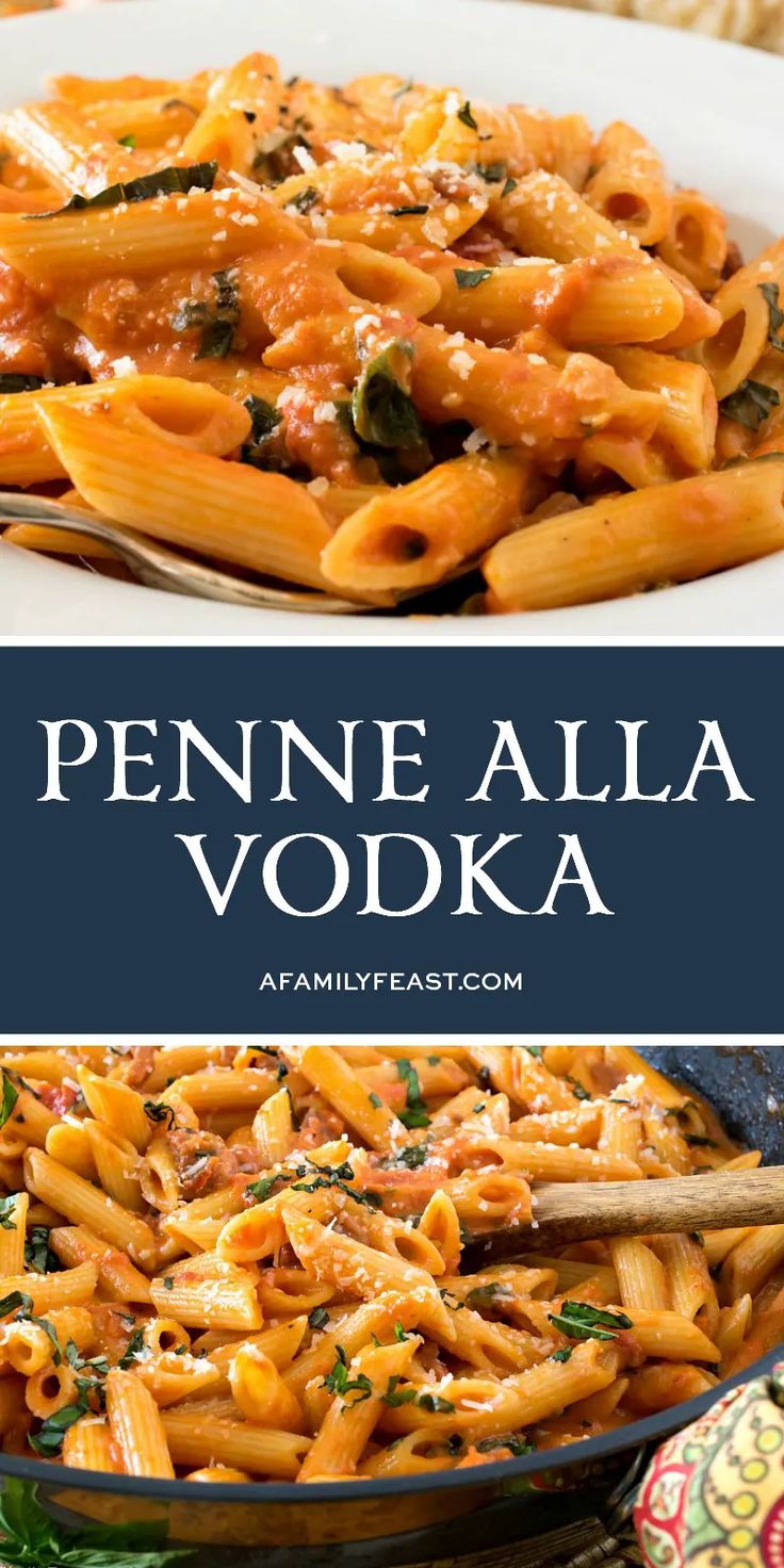 pennne alla vodka with spinach and cheese in a skillet on the side