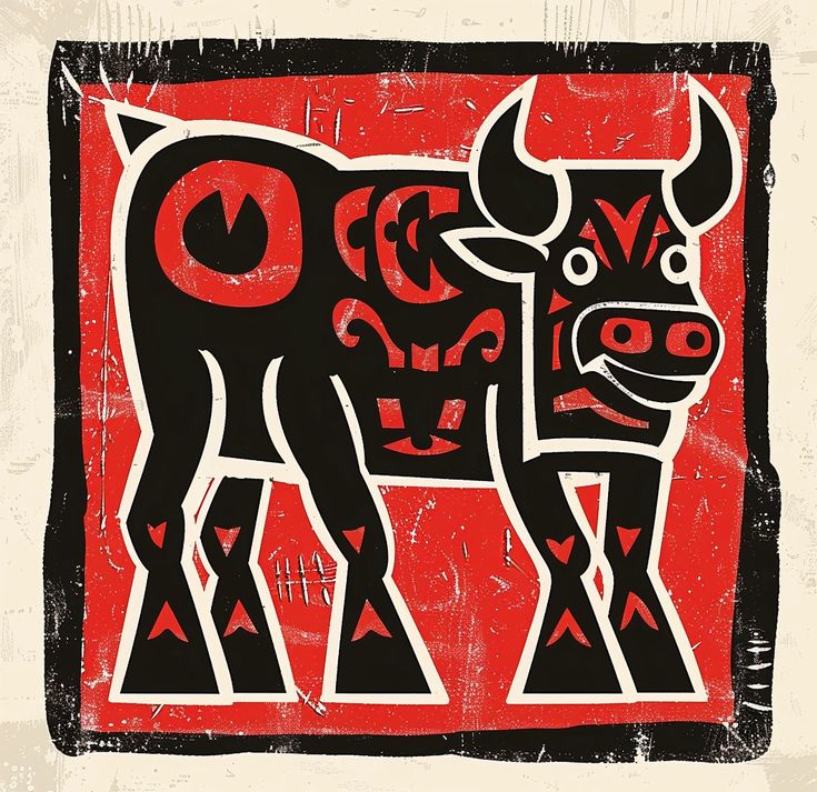 a black and red cow standing in front of a white background