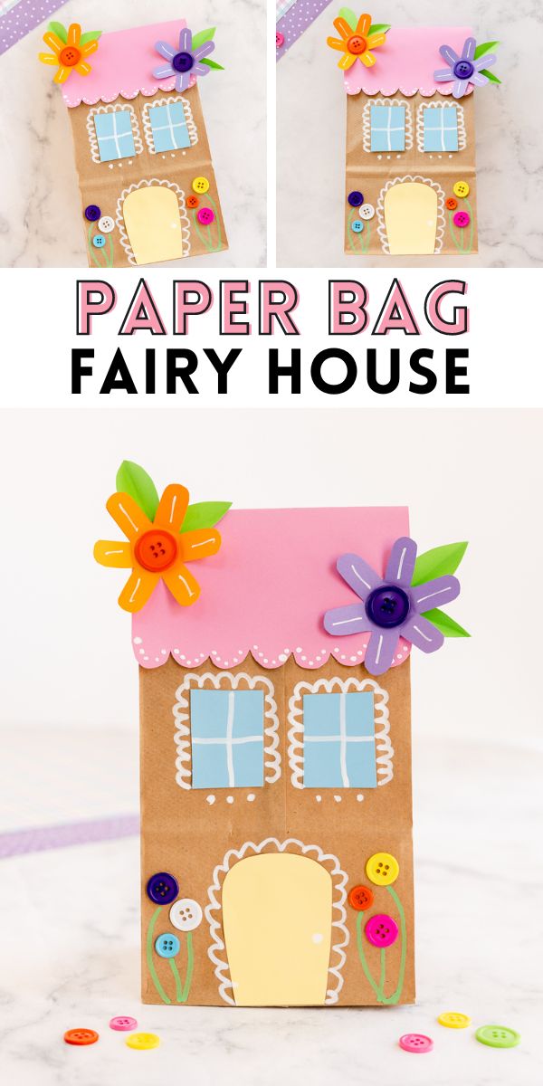 the paper bag fairy house is made from cardboard and has flowers on it, with text overlay that says paper bag fairy house