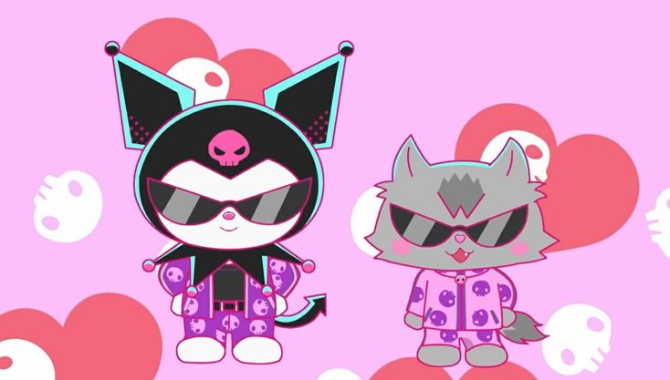 two cartoon cats wearing sunglasses and standing next to each other in front of hearts with skulls on them