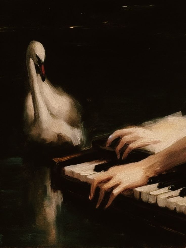 a painting of a person's hands playing the piano with a swan on it