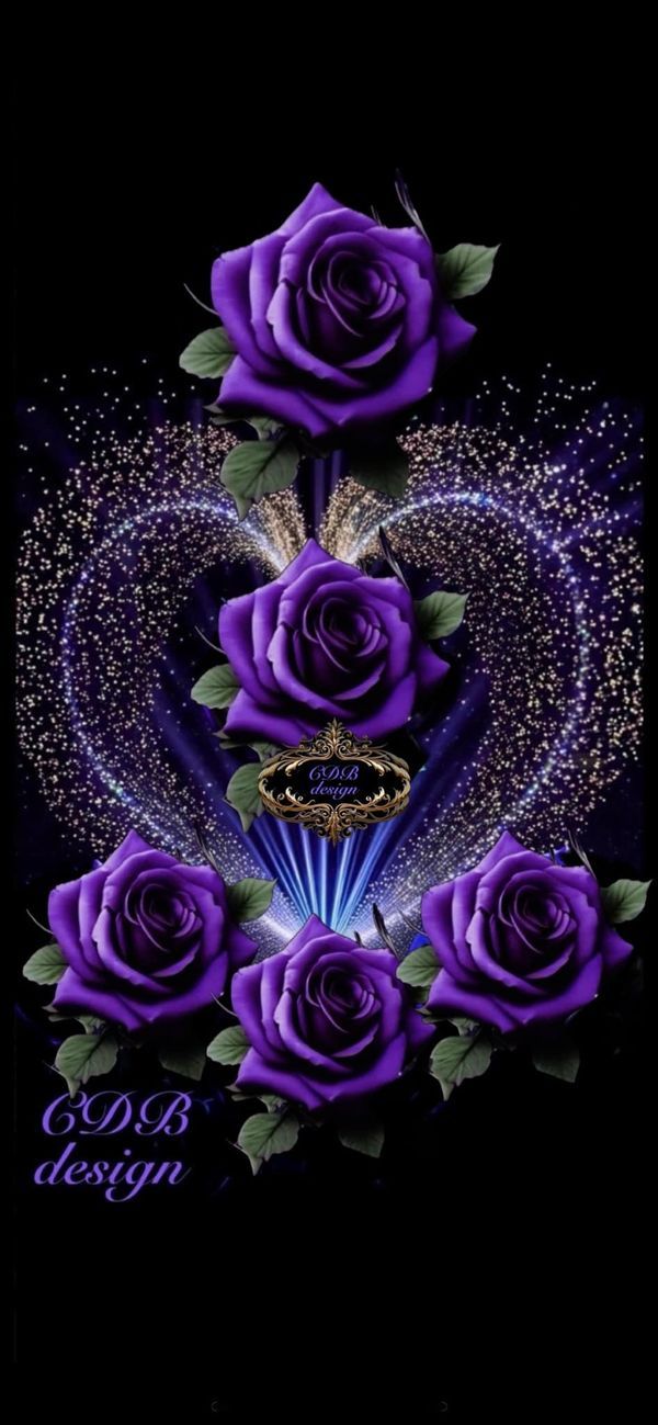 purple roses are arranged in the shape of a heart on a black background with sparkles