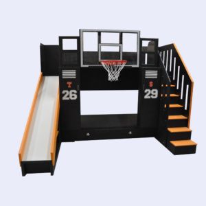 an indoor basketball court with stairs and a basketball hoop on the top floor for kids to play in