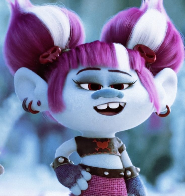 an animated troll with pink hair and white skin