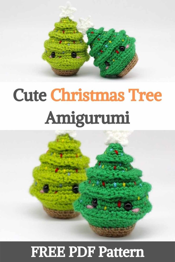 crocheted christmas tree amigurmi is shown in three different colors and sizes