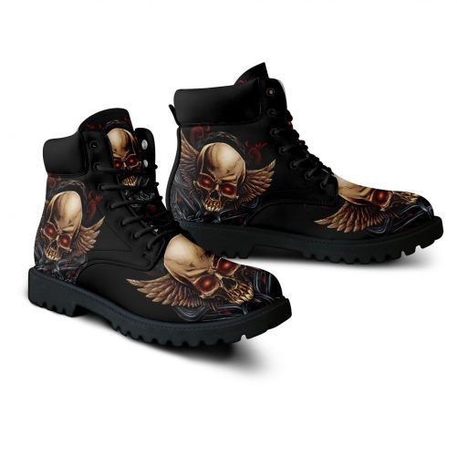 Winged Skull All Season Boots - LuvinGift Lace-up Moto Boots With Vibram Sole For Streetwear, Outdoor Ankle Combat Boots With Laces, Outdoor Lace-up Martin Boots With Vibram Sole, Lace-up Martin Boots With Vibram Sole For Outdoor, Outdoor Leather Combat Boots With Laces, Leather Combat Boots With Laces For Outdoor, High-top Combat Boots With Lacing For Outdoor, Lace-up Combat Boots With Rubber Sole For Streetwear, Streetwear Lace-up Combat Boots With Rubber Sole