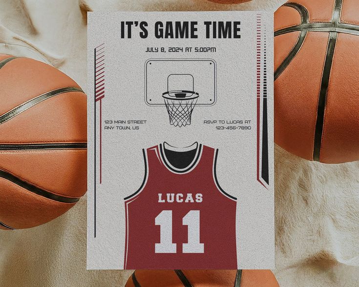 a basketball card with an image of a game time jersey on it next to some basketballs