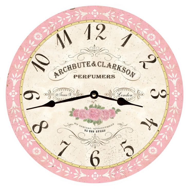 a pink and white clock with roses on it's face that says, archbutton & clarkon perfumes