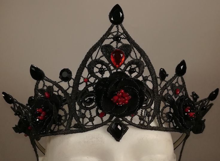 Evil Queen,Vampire Lace Crown,Mini Kokoshnik,Tiara,Black Crown,Headband,Black,Red Lace Beaded Flower Fascinator,Gothic Tiara,Adult Party Hat,Witch crown for a special lady! It will make you and your costume look more perfect. The tiara is unique and totally hand-made, my own design. It's ready for shipping! All of the elements are attached to the base securely. This headband comfortable to wear, it is made with metal headband ( with black satin ribbon). While making this crown I use lace,wire,rh Kokoshnik Tiara, Gothic Tiara, Queen Vampire, Witch Crown, Tiara Black, Gothic Crown, Lace Crown, Lace Crowns, Metal Headband