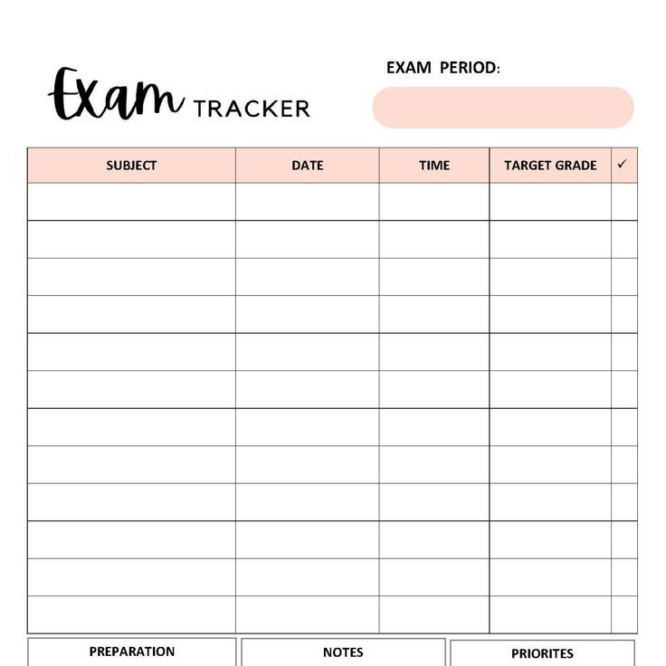 a printable exam tracker for students to use in their class or workdays