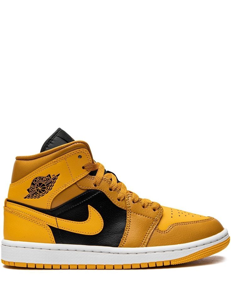 mustard yellow/black calf leather signature Swoosh logo detail signature Air Jordan Wings logo round toe front lace-up fastening logo patch at the tongue ankle-length branded insole rubber sole These styles are supplied by a premium sneaker marketplace. Stocking only the most sought-after footwear, they source and curate some of the most hard to find sneakers from around the world. Jordan Air 1, Jordan Wings, Mid Sneakers, Nike Shoes Girls, Air Jordan 1 Mid Se, Womens Air Jordans, Jordan Air, Wings Logo, Round Logo