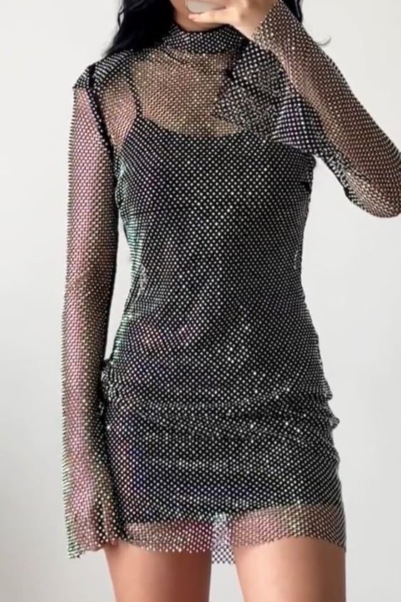 Glitter Mesh Mini Dress Chain Dress Outfit, Glitter Outfit Aesthetic, Midnight Outfit, Aesthetic Club, Glitter Outfit, New Year’s Eve Outfit, Trendy Outfit Ideas, Mesh Mini Dress, Nye Outfits