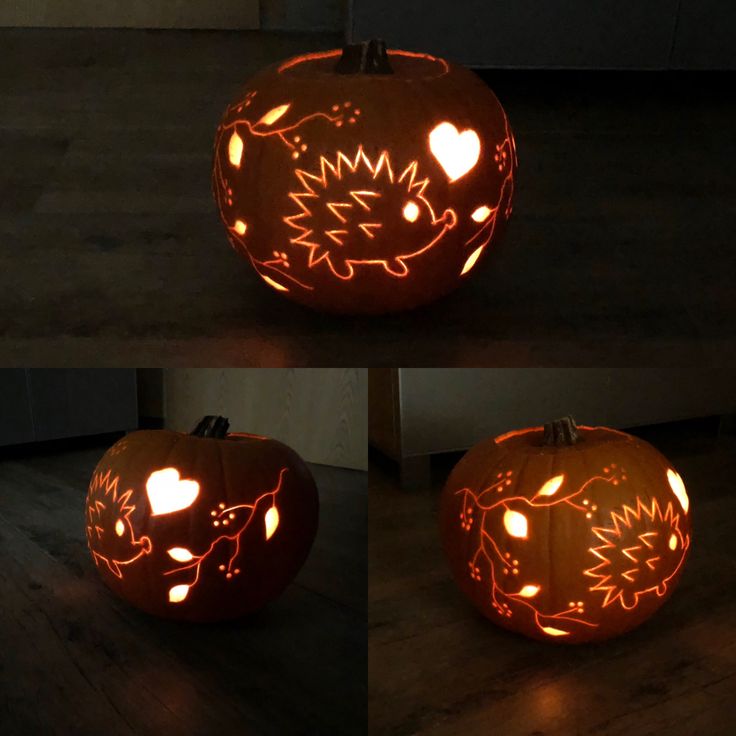 three pumpkins that have been carved to look like cats and dogs with faces on them