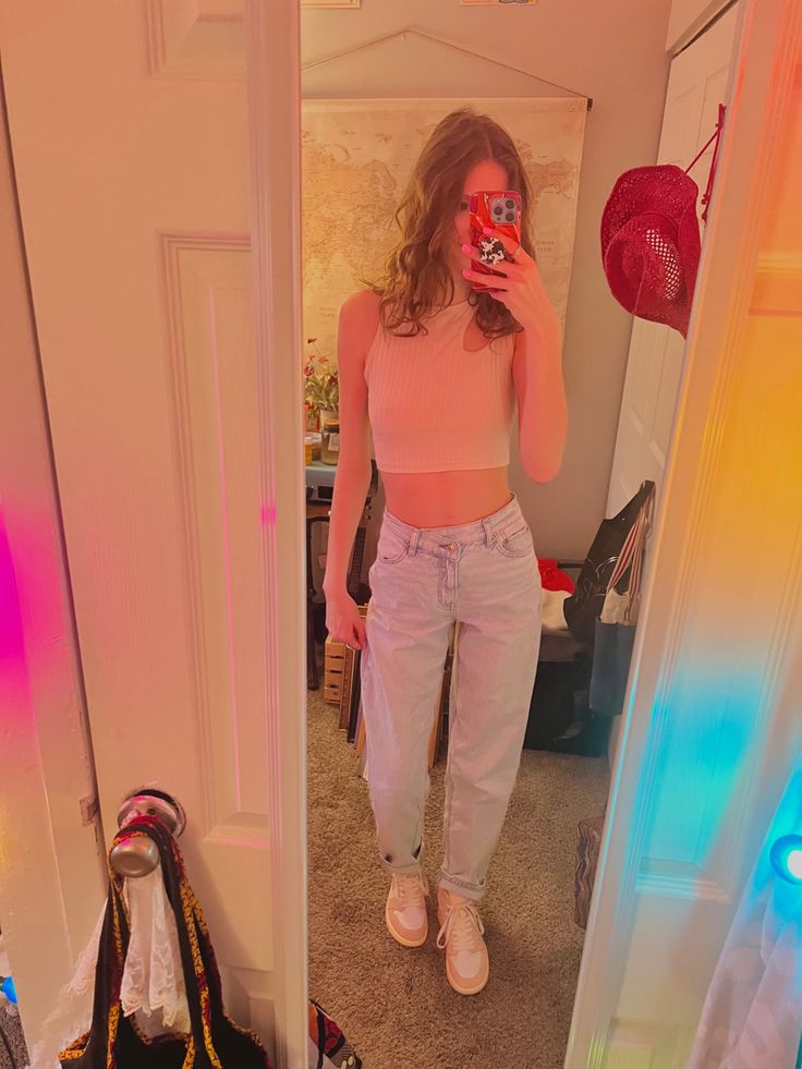 cream tank, american eagle jeans, and washed pink jordan 1 retro high og 💗 Pink Jordans, Female Outfits, Jordan 1 Retro High, American Eagle Jeans, Jordan 1 Retro, Jordan 1, American Eagle, Jordan, Cream