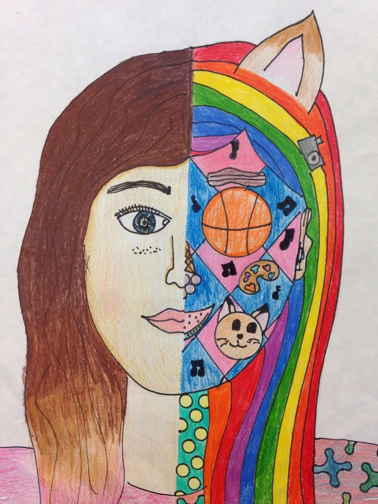 a drawing of a woman's face with different colored hair and other things on it