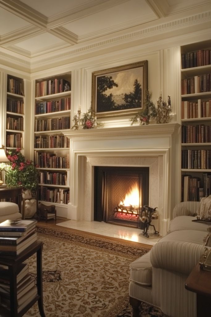 a living room filled with furniture and a fire place next to a book shelf full of books