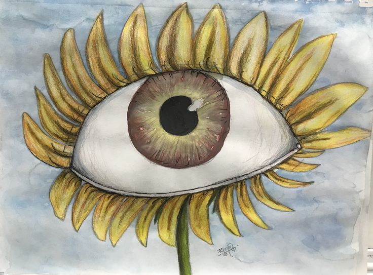 a drawing of a sunflower with an eye on it