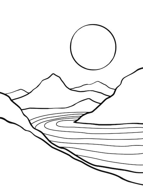 a black and white drawing of mountains with a sun in the sky over them,