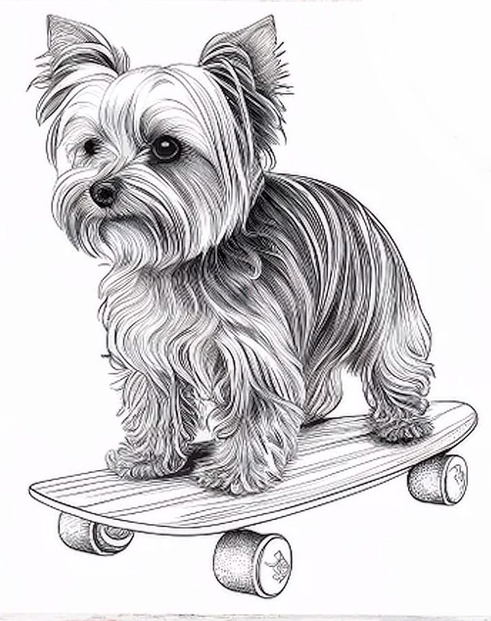 a black and white drawing of a dog sitting on a skateboard with wheels in front of it