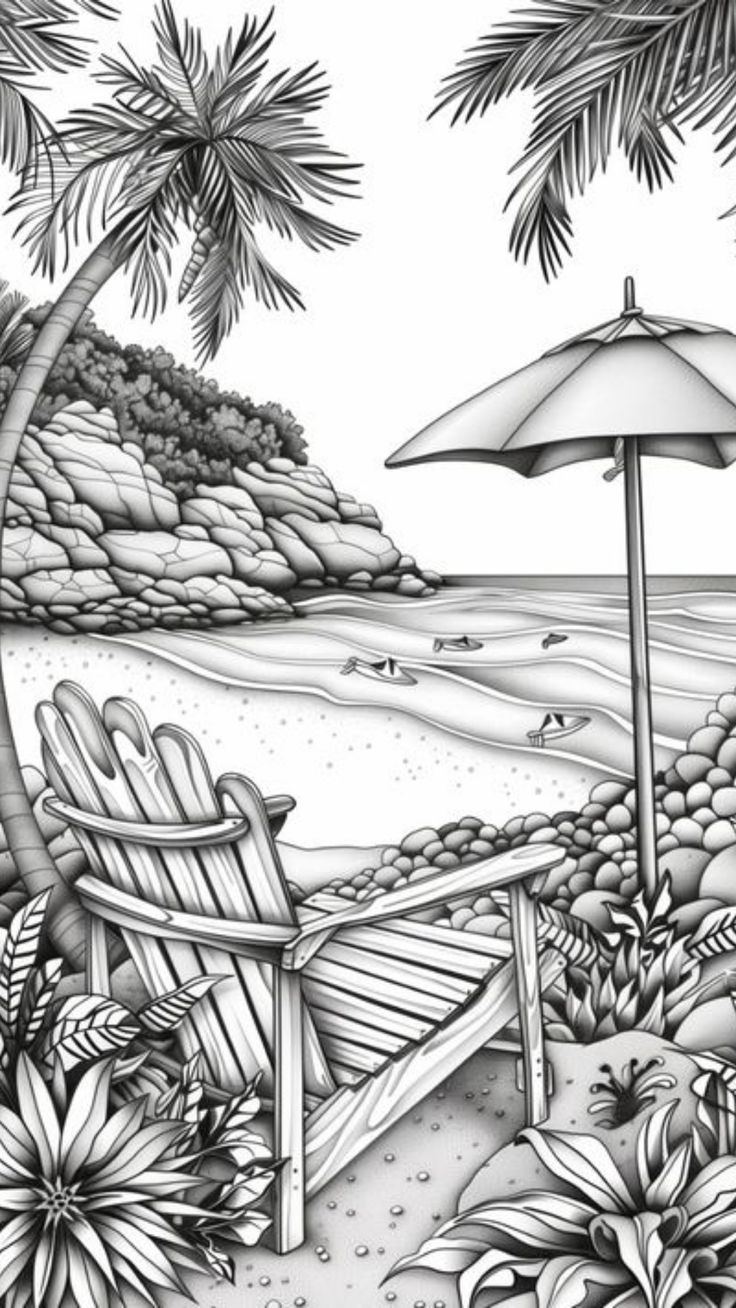 a black and white drawing of two beach chairs under an umbrella on the sand with palm trees in the background