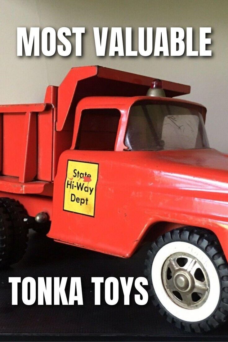 a red toy truck with the words most valuable tonka toys on it's side