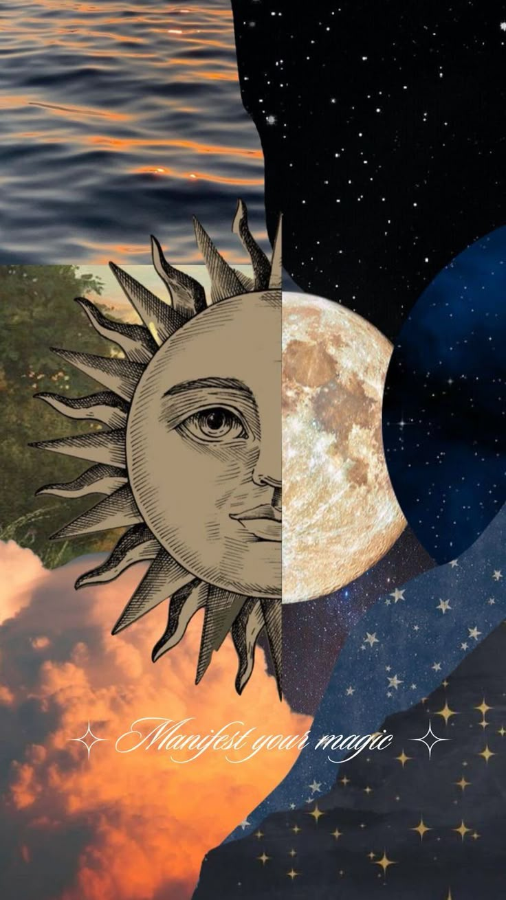 the sun and moon are depicted in this collage with stars, clouds, and water