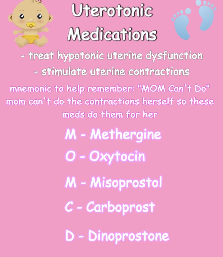 a pink poster with the words uterotonic medicationss and baby footprints on it